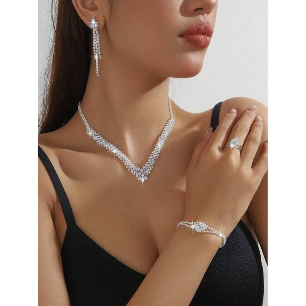 5-Piece CZ Geometric Necklace Earrings Bracelet Ring Set | Br Gift Minimalist